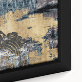 Close-up of a framed canvas artwork showcasing vibrant abstract strokes and lines in shades of blue, orange, and gold, ideal for modern home decor. This artistic piece adds a contemporary touch to any room, enhancing aesthetic appeal while serving as a unique focal point.