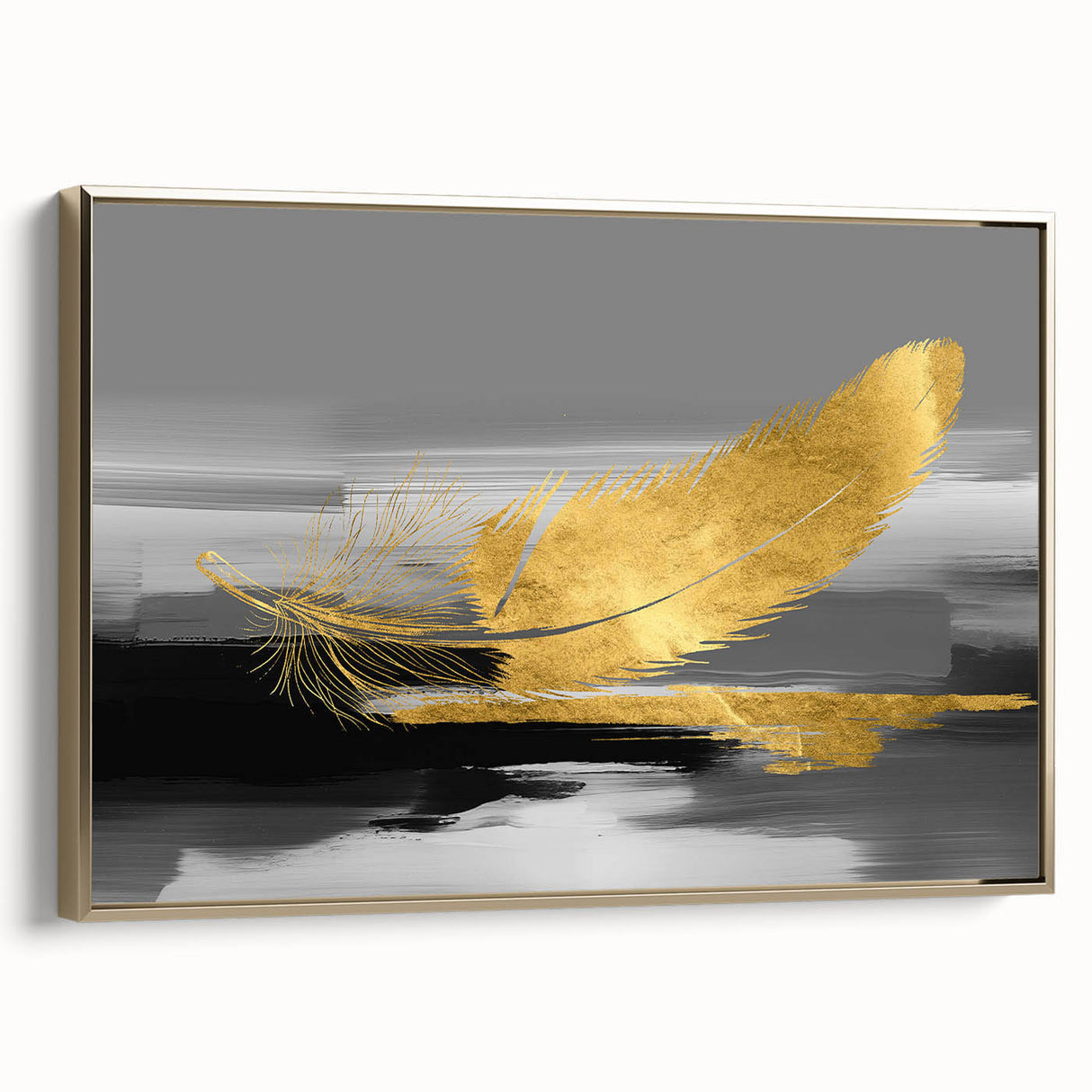 Framed wall art showcasing an abstract strokes and lines design in gold, with a sleek side view highlighting its elegant texture and modern aesthetic.