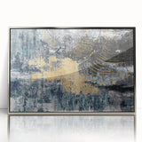 Framed wall art featuring an abstract design with vibrant strokes and lines in shades of blue, gold, and silver, ideal for modern home decor.