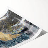 Abstract wall art print showcasing vibrant strokes and lines in a dynamic arrangement of blue, yellow, and orange hues, perfect for modern decor.