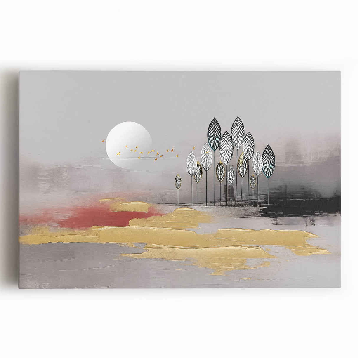 Abstract wall art featuring vibrant strokes and lines in shades of blue, orange, and gold, showcasing a modern design perfect for contemporary home decor.