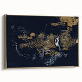 Framed canvas wall art showcasing an abstract design of vibrant strokes and lines in shades of gold and blue, perfect for modern home decor, side view.