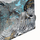 Close-up of an abstract wall art piece showcasing vibrant strokes and lines in bold colors, printed on acrylic glass with a sleek finish, ideal for modern decor.