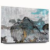 Abstract wall art design featuring vibrant strokes and lines in shades of blue, yellow, and red, displayed in a modern acrylic frame with pins, ideal for contemporary decor.