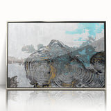 Framed wall art featuring an abstract design of colorful strokes and lines in silver and blue hues, perfect for modern decor, displayed from a front view.