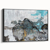 Framed abstract wall art showcasing dynamic strokes and lines in a modern design, featuring a sleek black frame and side view perspective, perfect for contemporary decor.