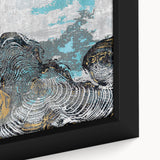 Close-up view of an abstract strokes and lines design in a framed canvas wall art collection, showcasing vibrant colors and intricate patterns, perfect for modern decor.