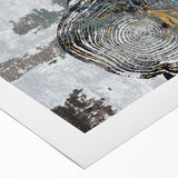 Abstract wall art print showcasing vibrant strokes and lines in shades of blue, orange, and yellow on rolled canvas, perfect for modern home decor.