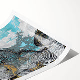 Abstract wall art print featuring vibrant strokes and lines in shades of blue, orange, and yellow, showcasing modern design elements. Ideal for contemporary decor.