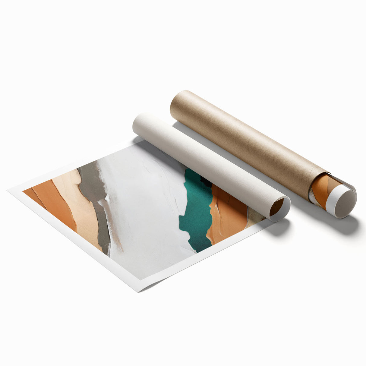 Abstract wall art print showcasing vibrant strokes and lines in shades of blue, orange, and yellow, ideal for modern home decor or office spaces. The rolled design allows for easy framing and display, enhancing any interior with a contemporary touch.