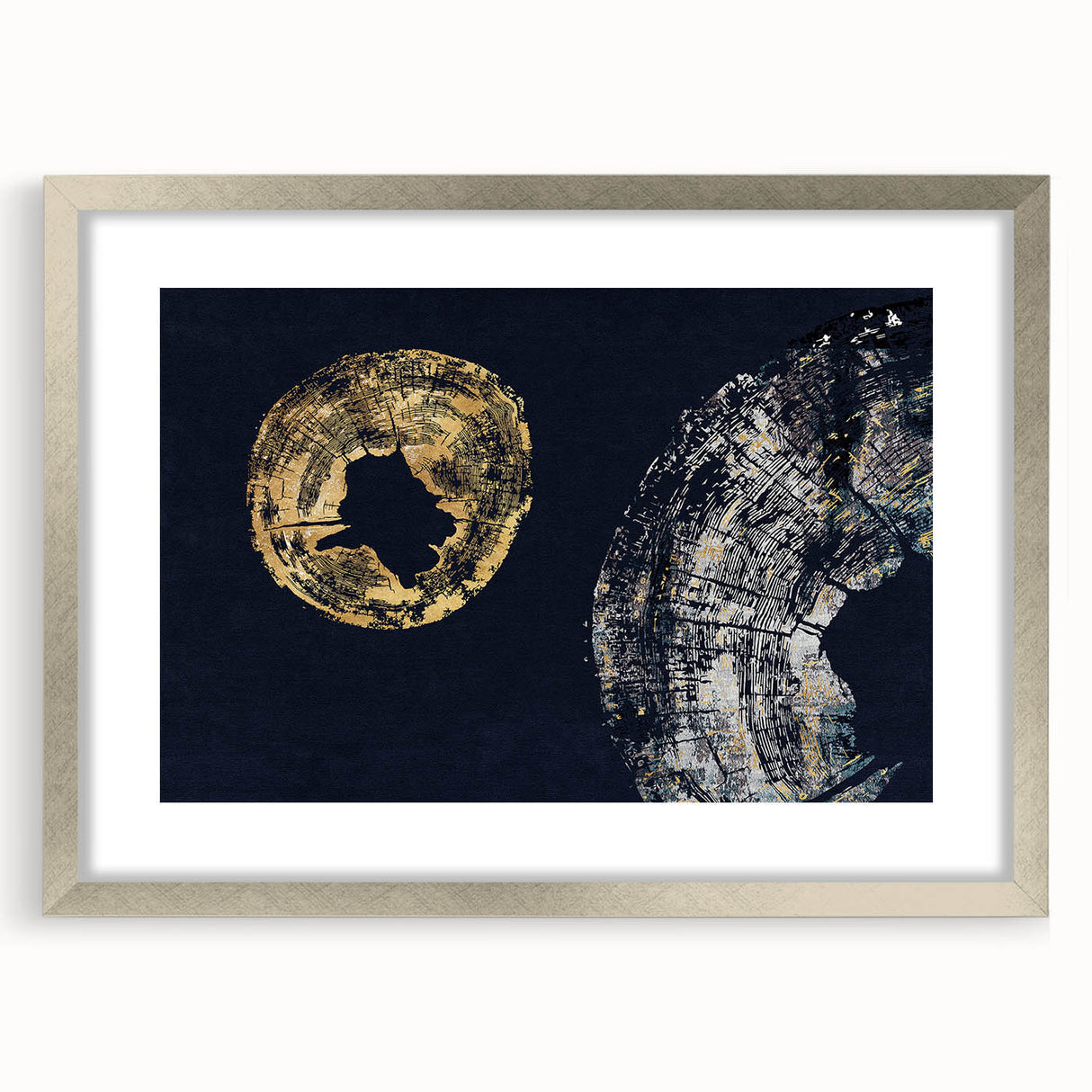 Abstract strokes and lines in a modern wall art design, framed with a silver mat, showcasing vibrant colors and intricate patterns, perfect for contemporary decor.