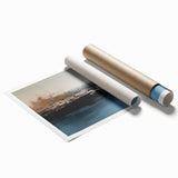 Abstract wall art print showcasing vibrant strokes and lines in shades of blue, orange, and yellow, perfect for enhancing modern interior decor. This rolled design adds a contemporary touch to any space while being easy to frame and display.