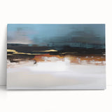 Abstract wall art featuring vibrant strokes and lines in shades of blue, pink, and gold, displayed on a stretched canvas, perfect for modern home decor.