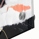 Close-up of an abstract wall art design featuring bold strokes and lines in vibrant colors, showcasing a modern acrylic glass finish ideal for contemporary decor.
