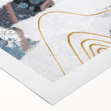 Abstract wall art featuring vibrant strokes and lines in shades of blue, orange, and gold, ideal for modern home decor, showcasing dynamic artistic expression.