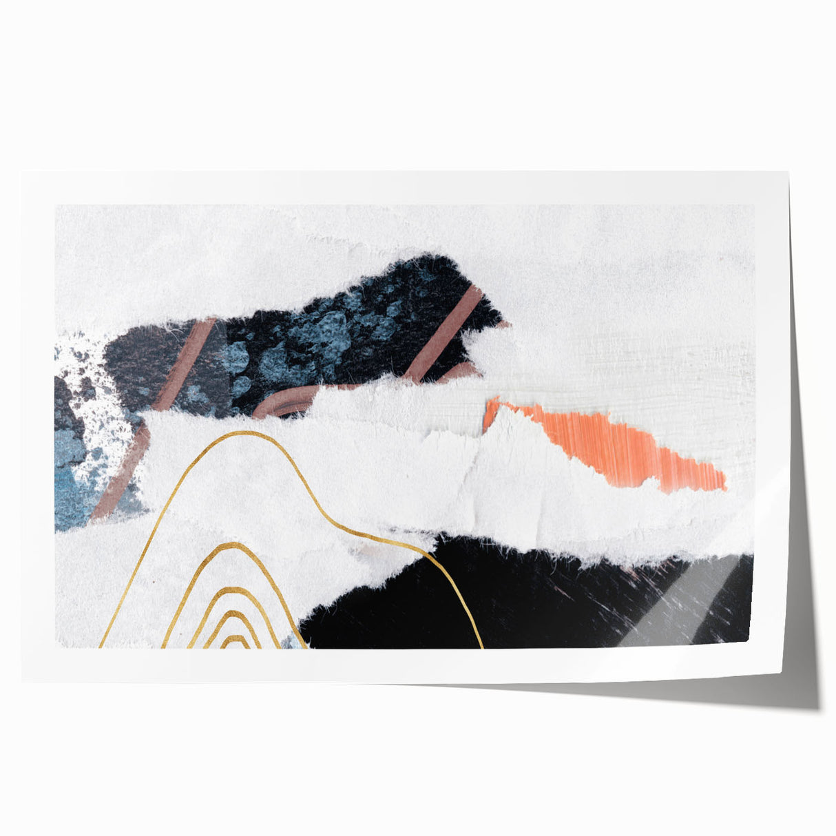 Abstract wall art print showcasing vibrant strokes and lines in shades of blue, orange, and gold, ideal for modern home decor and artistic spaces. This rolled design emphasizes dynamic movement and contemporary style, perfect for adding a pop of color to any room.