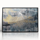 Framed acrylic wall art featuring an abstract design of colorful strokes and lines on a black background, perfect for modern home decor.