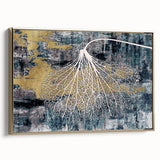 Framed canvas wall art showcasing an abstract design of strokes and lines in gold and neutral tones, ideal for modern decor. Perfect for enhancing living spaces.