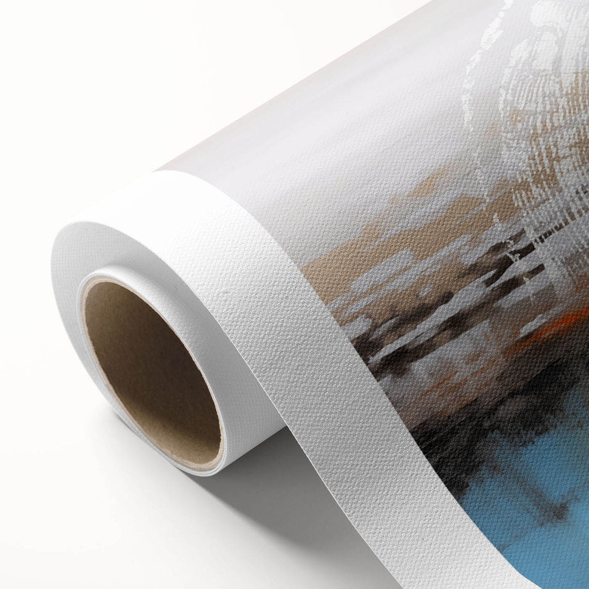 Abstract wall art featuring vibrant strokes and lines in shades of blue, orange, and yellow, ideal for modern home decor. The rolled canvas is designed for easy display and adds a dynamic touch to any room.