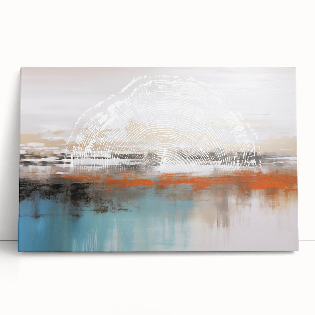 Abstract strokes and lines in vibrant colors create a modern wall art piece on stretched canvas, leaning against a light background, perfect for contemporary decor.