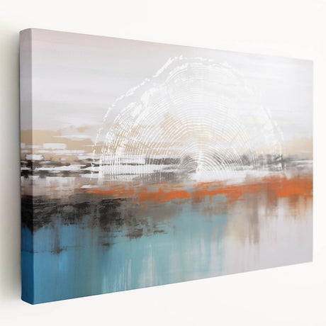 Abstract canvas artwork showcasing vibrant strokes and lines in blue, yellow, and orange hues, ideal for modern home decor. Features a side view of the stretched canvas, highlighting its texture and depth, perfect for adding a contemporary touch to any room.