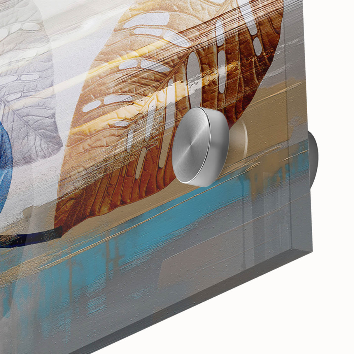 Close-up of an abstract wall art design featuring vibrant strokes and lines in shades of blue, orange, and yellow, showcasing a modern artistic style suitable for contemporary interiors.