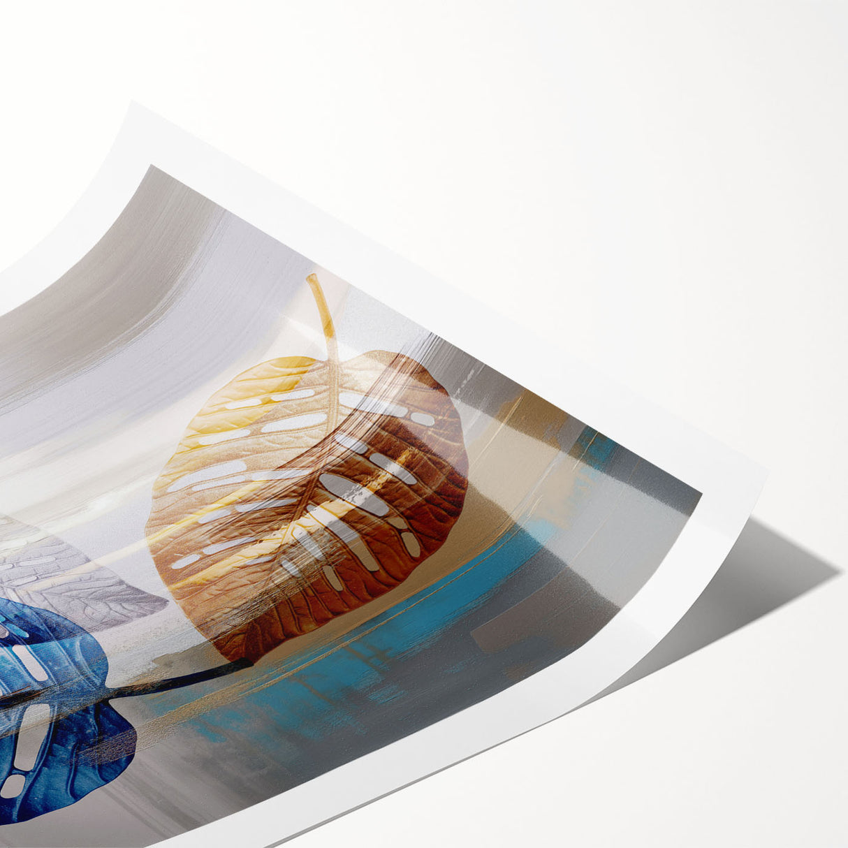 Abstract wall art print featuring vibrant strokes and lines in shades of blue, orange, and yellow, ideal for modern decor. Rolled for easy framing and display.