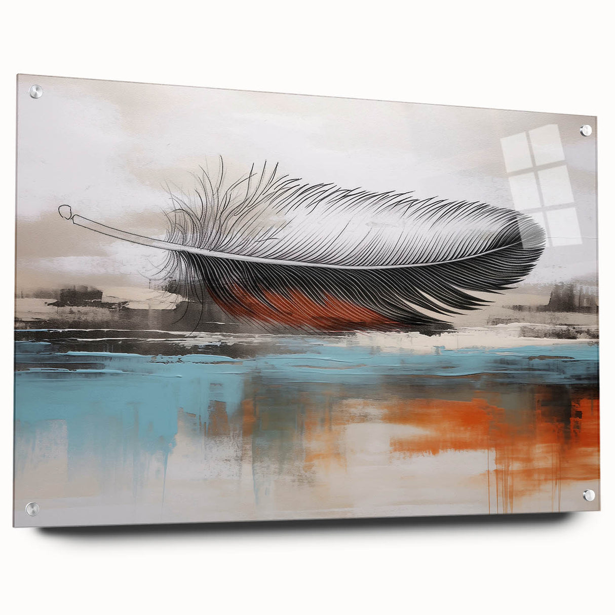 Abstract wall art print displaying vibrant strokes and lines in a colorful design, presented in acrylic glass with visible mounting pins, ideal for modern decor.