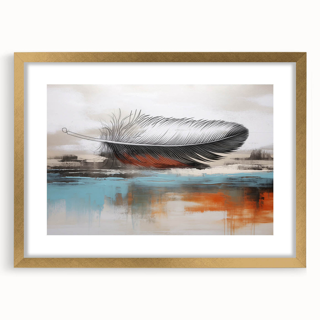 Abstract wall art piece featuring strokes and lines in vibrant colors, framed with a gold mat, showcasing a modern design ideal for contemporary decor.