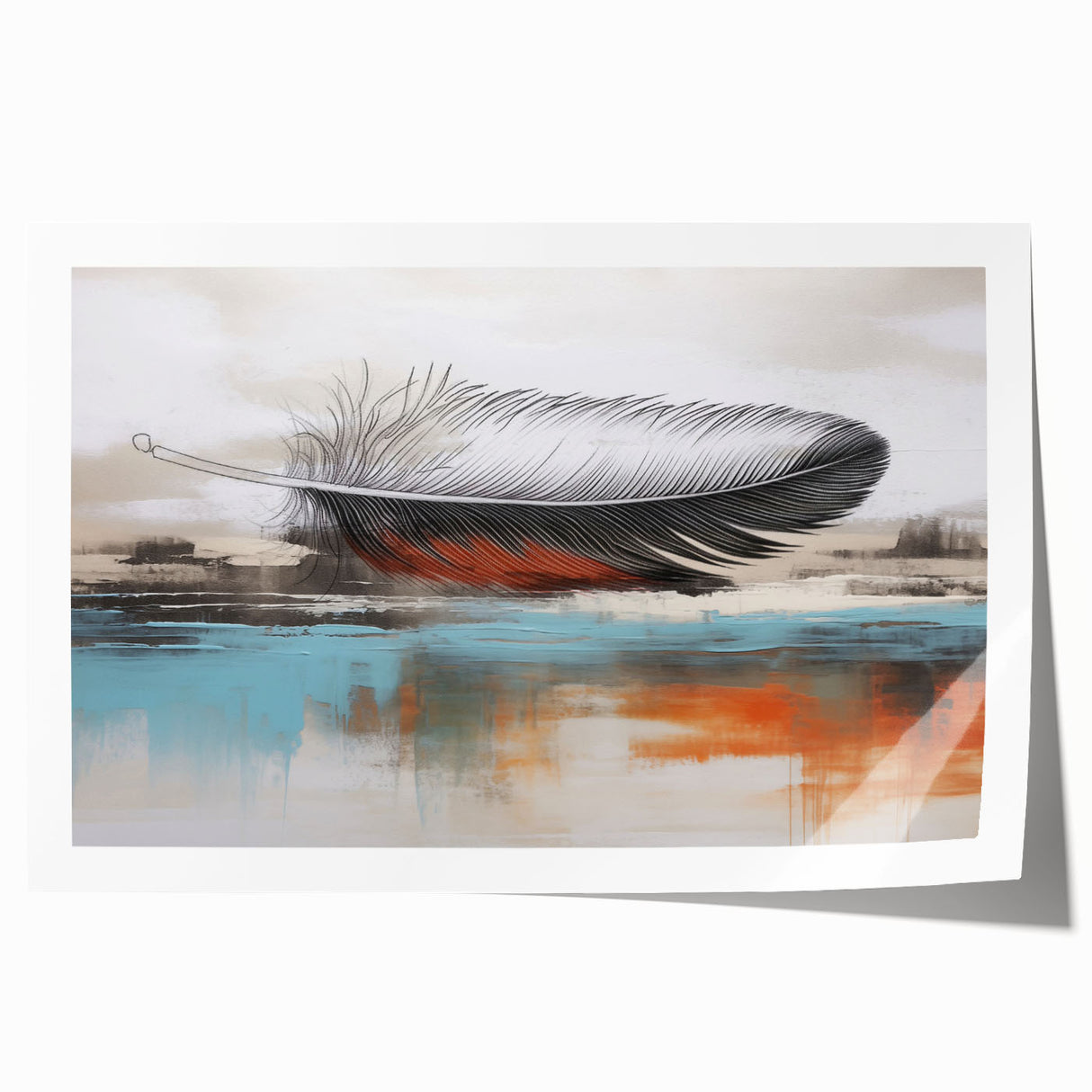 Abstract wall art print showcasing vibrant strokes and lines in shades of blue, orange, and yellow, ideal for modern home decor or creative spaces.