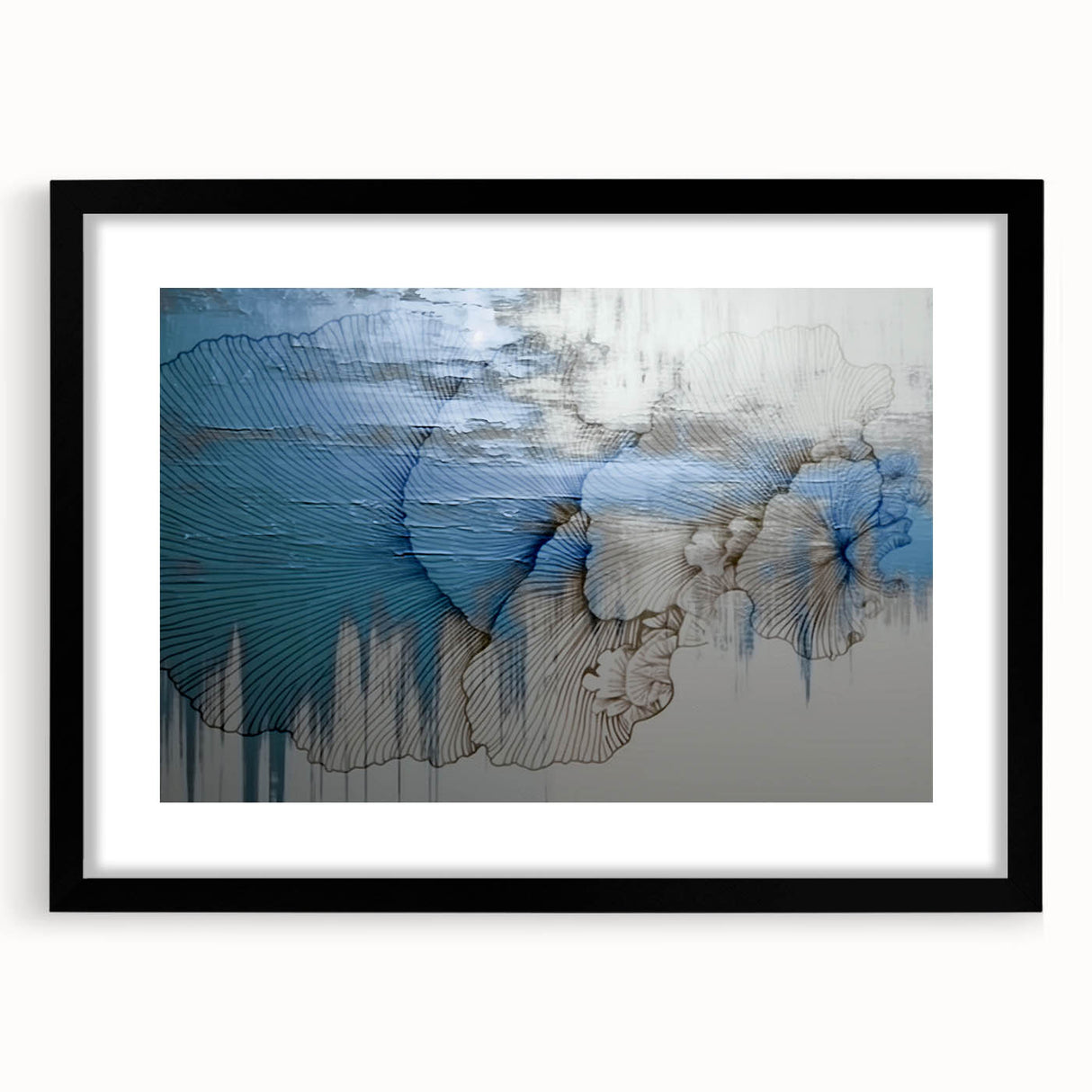 Abstract wall art featuring dynamic strokes and lines in muted colors, framed with a sleek black mat, ideal for modern home decor accents.