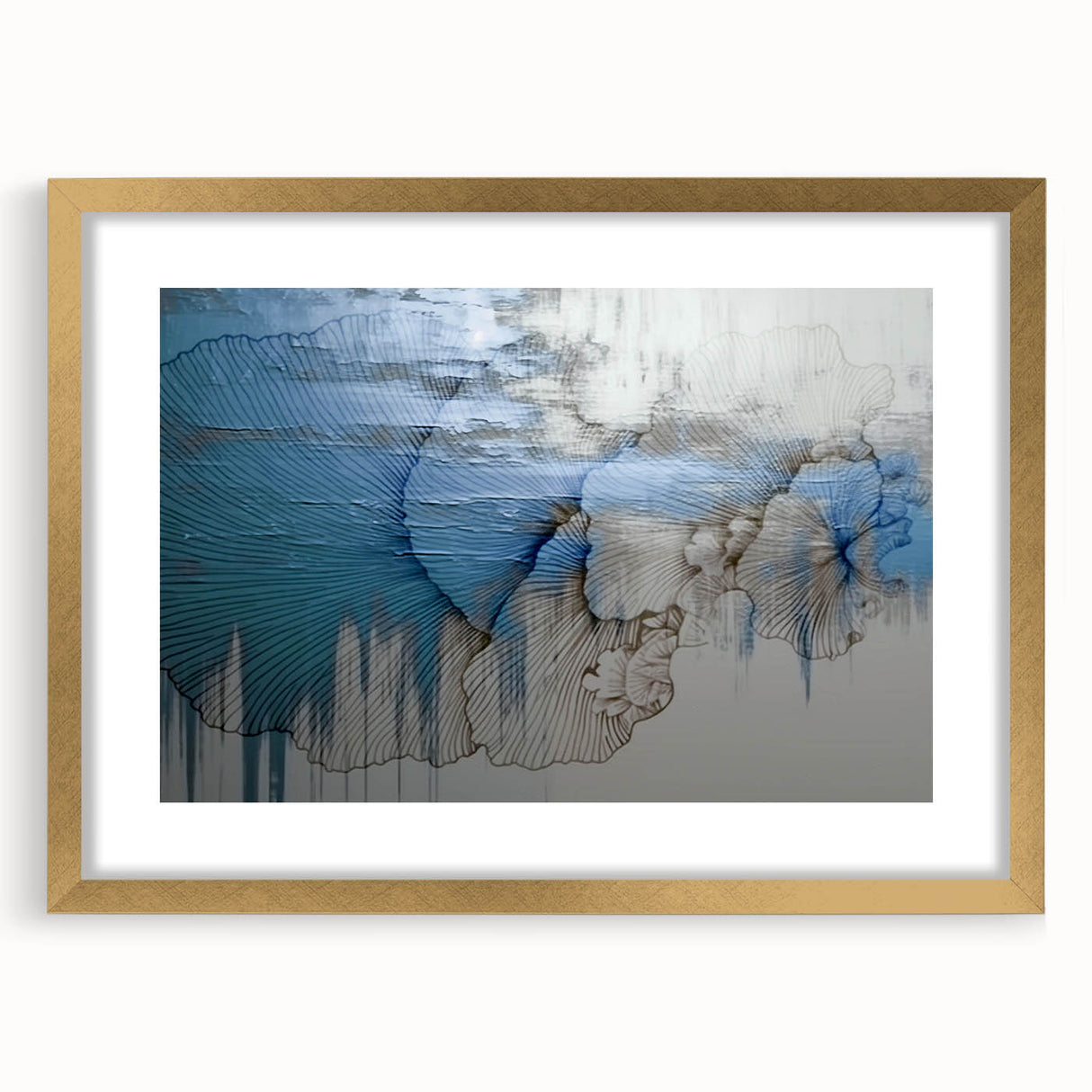 Abstract wall art featuring a collection of elegant strokes and lines in soft pastel colors, framed with a gold mat, enhancing modern interior decor. Ideal for contemporary spaces.