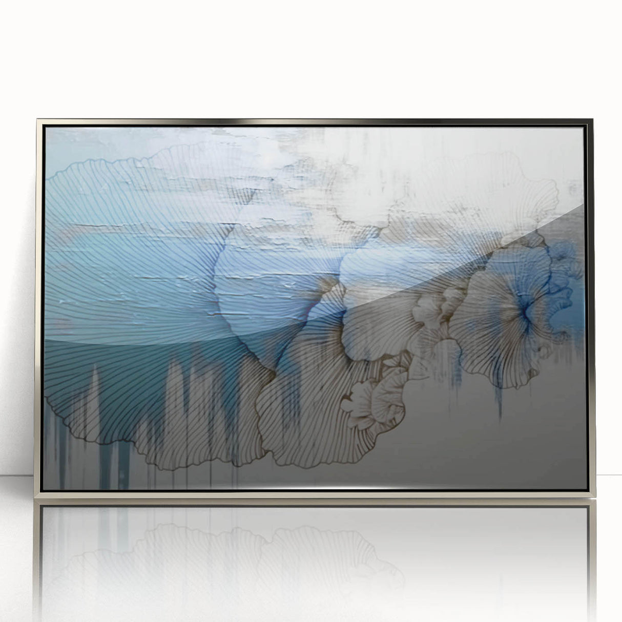 Framed acrylic wall art showcasing an elegant abstract design with silver strokes and lines, perfect for modern home decor, enhancing any living space with its sophisticated aesthetic.