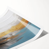 Abstract wall art print showcasing vibrant strokes and lines in a modern design, featuring a dynamic color palette of teal, gold, and white, perfect for contemporary decor.