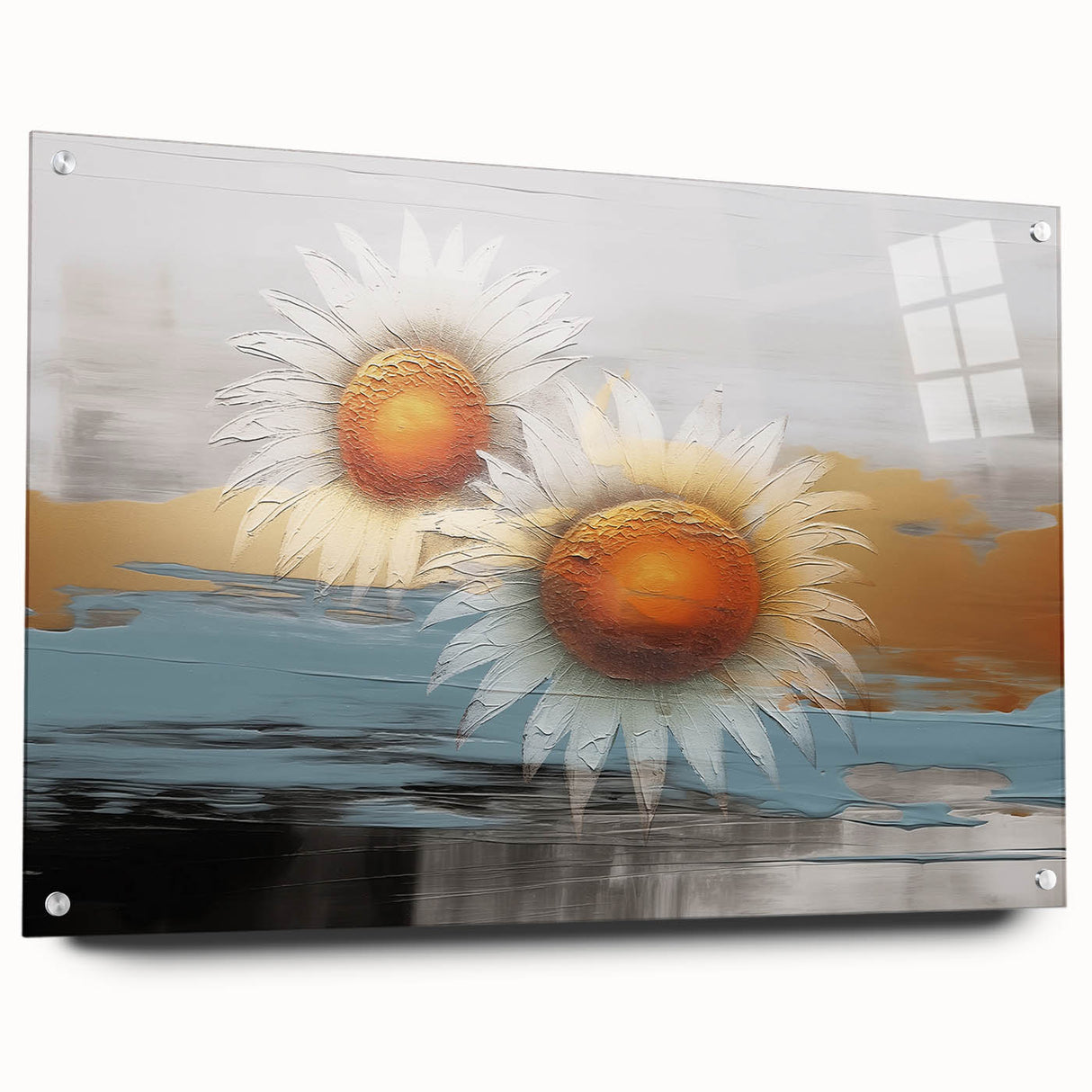 Abstract wall art featuring a vibrant design of strokes and lines in various colors, displayed in an acrylic frame with visible mounting pins, ideal for modern decor.
