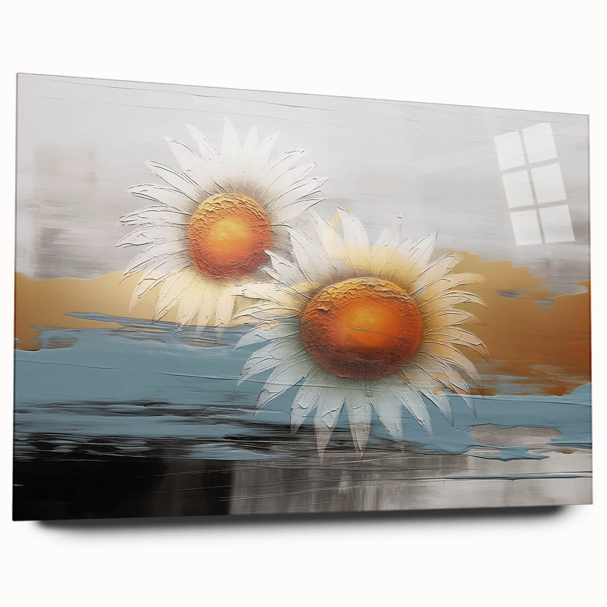 Acrylic glass wall art featuring an abstract design with vibrant strokes and lines in shades of blue, gold, and white, ideal for modern decor.
