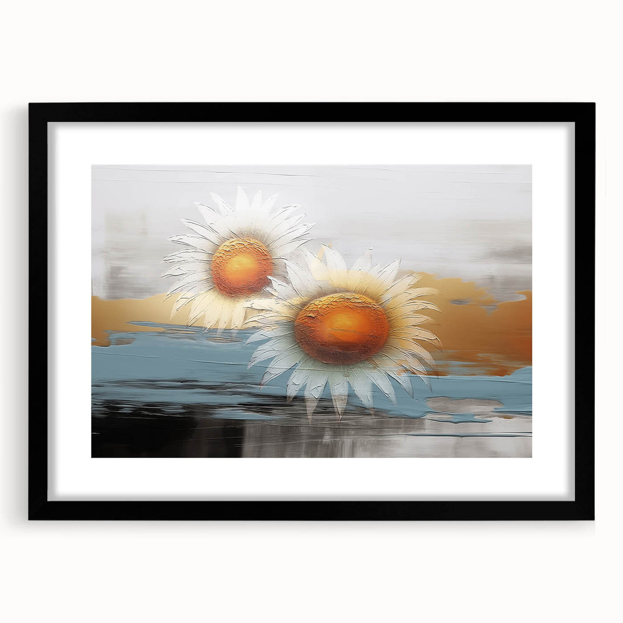 Abstract wall art featuring a modern design of colorful strokes and lines in a black frame with a mat, ideal for enhancing contemporary home decor.