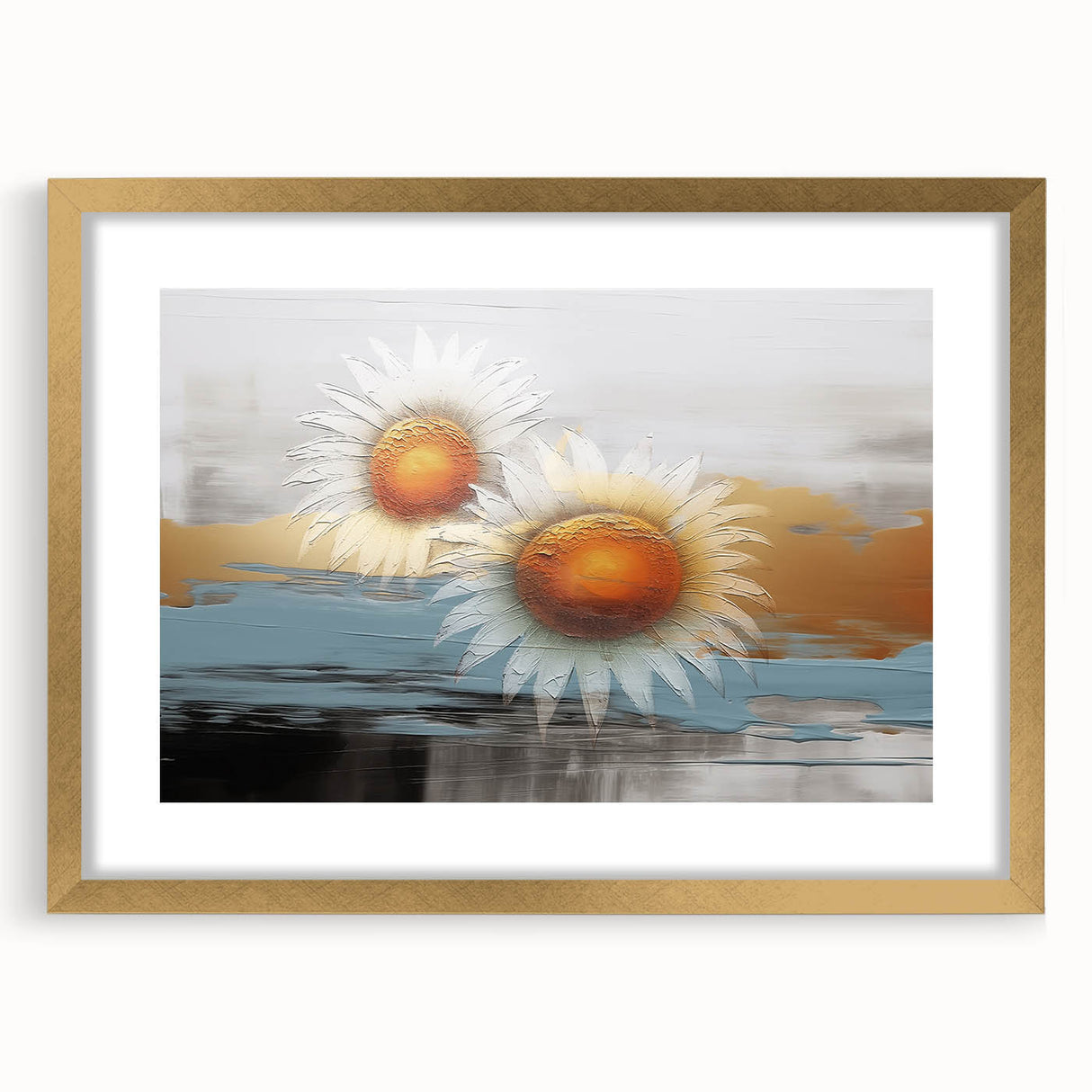 Abstract wall art featuring strokes and lines in vibrant colors, framed with a gold finish and mat. Perfect for modern decor, adding elegance to any space.