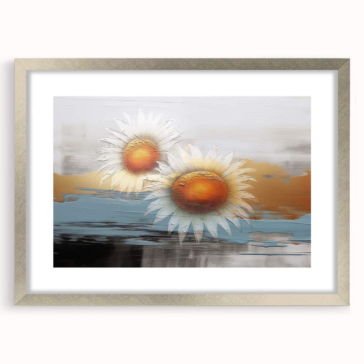 Abstract wall art featuring dynamic strokes and lines in a modern design, framed with a silver finish and a white mat, perfect for contemporary decor.