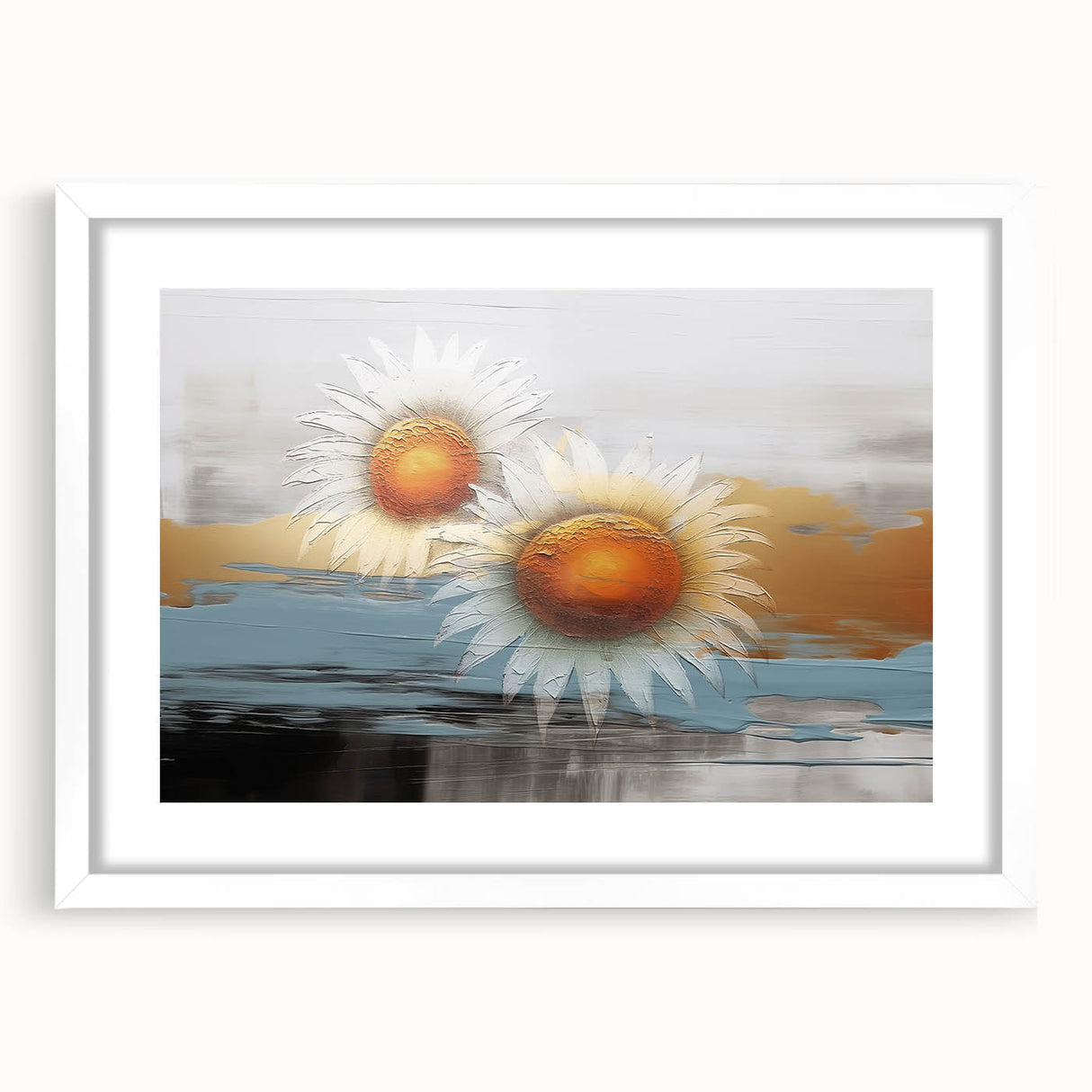 Abstract wall art featuring vibrant strokes and lines in a contemporary design, framed with a white mat, ideal for modern home decor. Perfect for adding a splash of color and style to any room.
