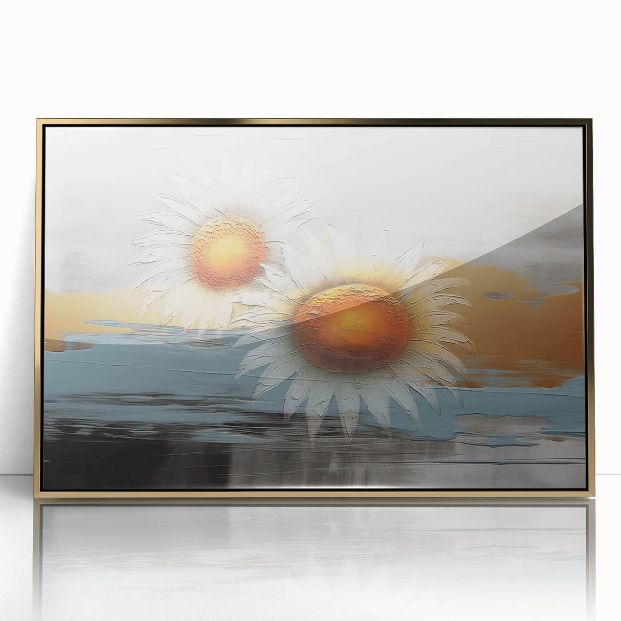 Framed wall art featuring an abstract design of gold strokes and lines on a textured background, ideal for modern decor and enhancing interior spaces.