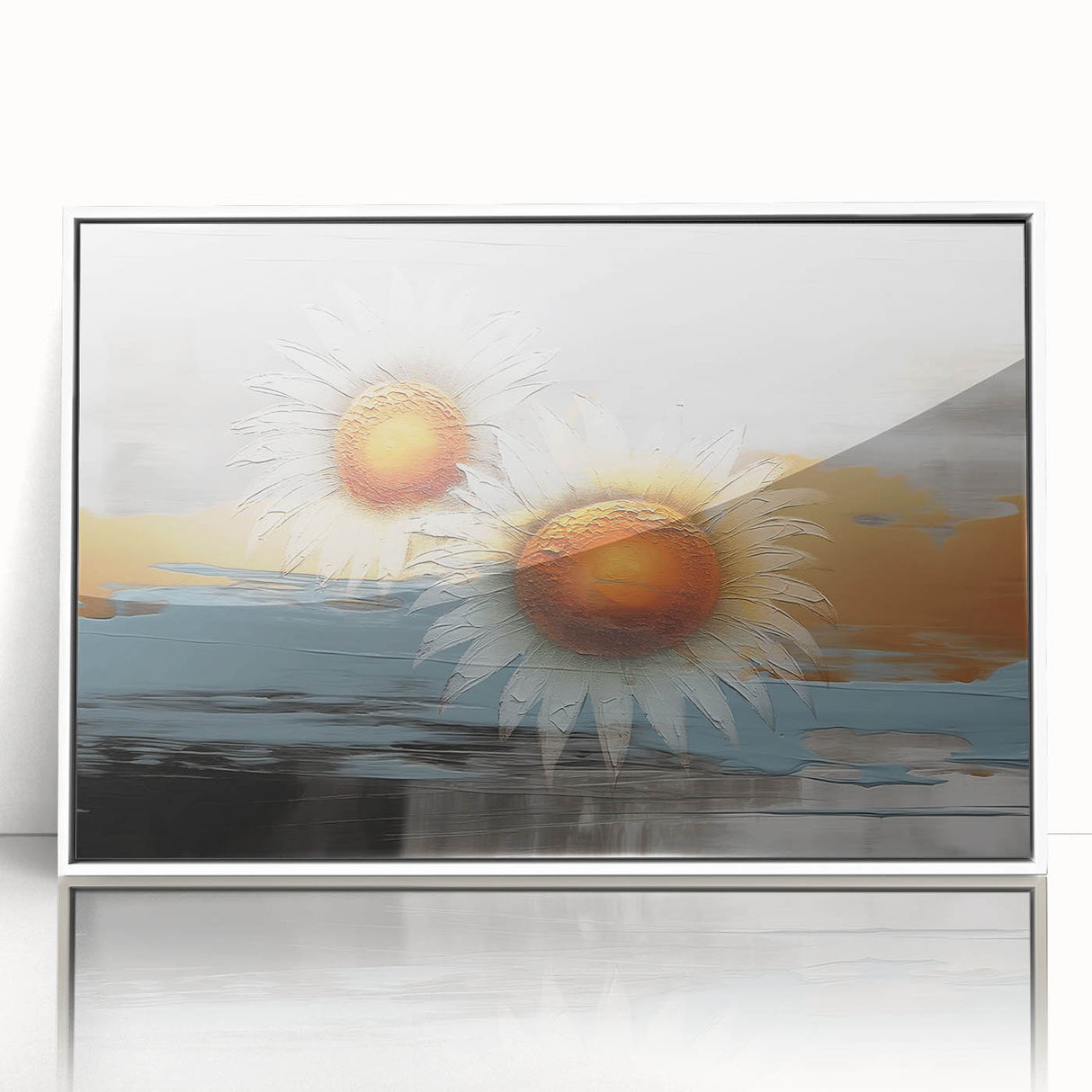 Framed wall art featuring an abstract design of colorful strokes and lines, showcasing a modern aesthetic with a white frame, perfect for contemporary decor.