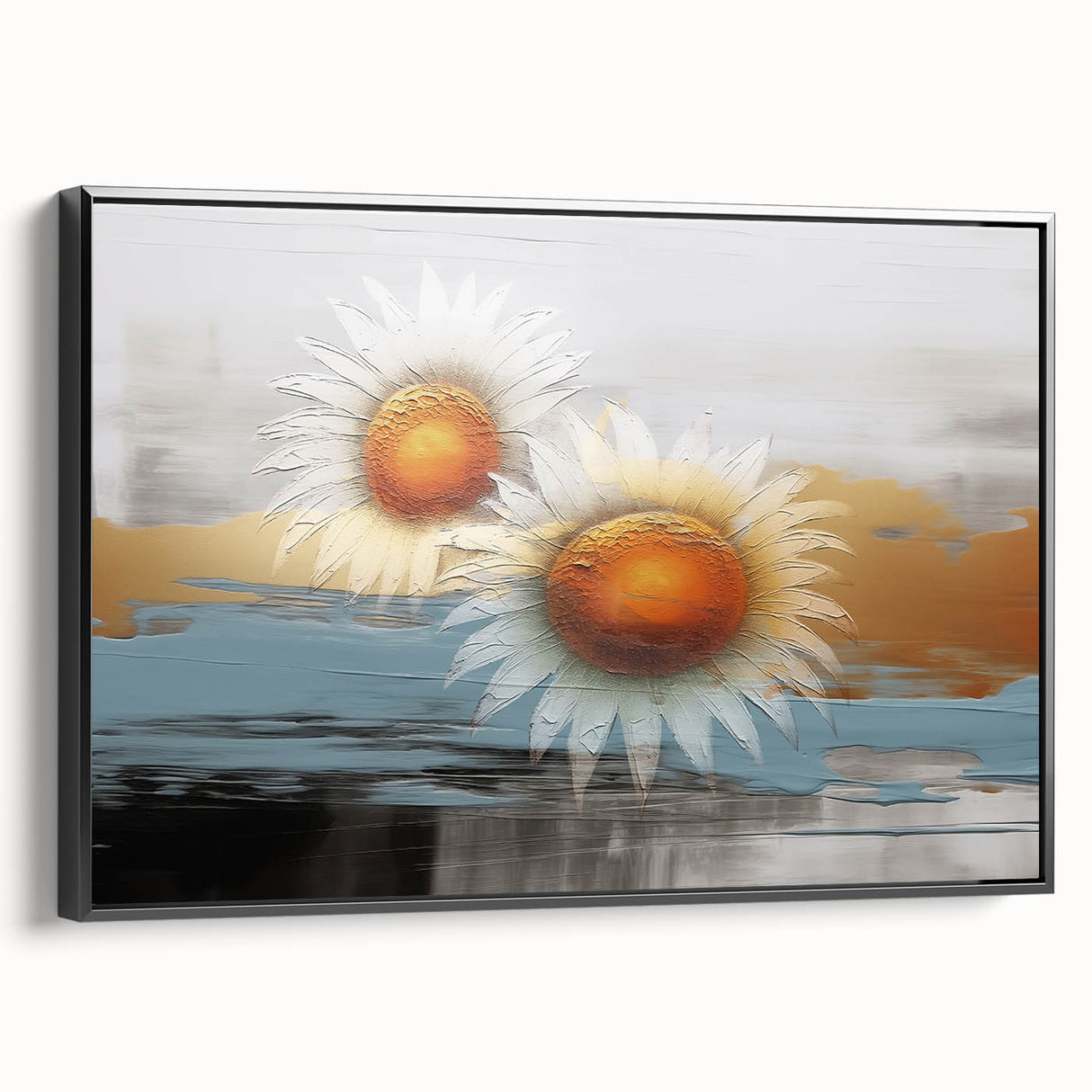 Framed canvas wall art showcasing an abstract design of colorful strokes and lines, featuring a sleek black frame and a side view highlighting its depth and texture. Perfect for modern home decor.