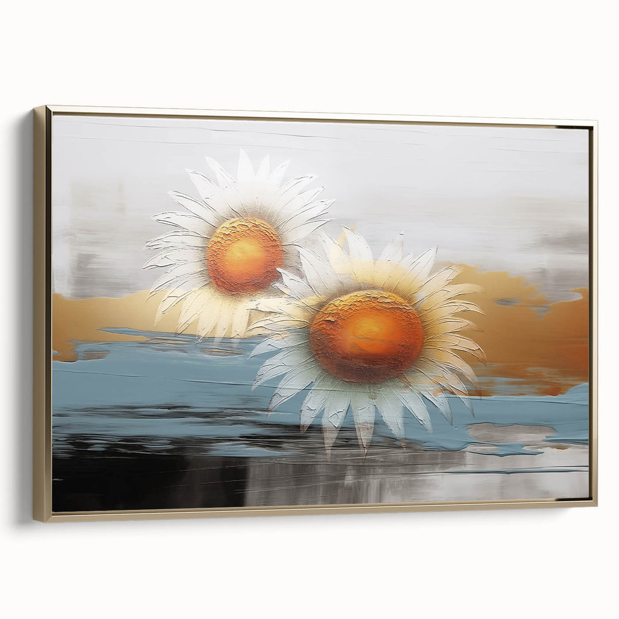 Framed wall art showcasing an abstract design of flowing strokes and lines in gold and black, perfect for modern decor. The canvas adds a touch of elegance to any room.