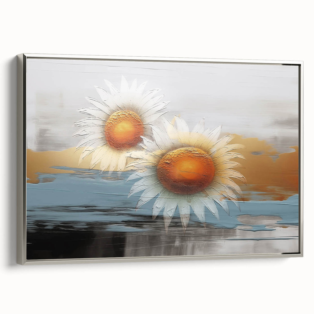 Framed abstract wall art featuring dynamic strokes and lines in a silver frame, showcasing a modern design ideal for contemporary decor. Perfect for adding a stylish touch to living spaces.