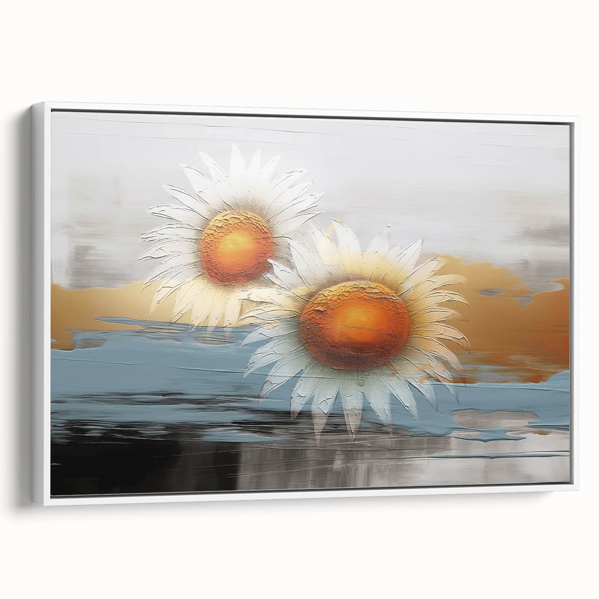 Framed canvas wall art showcasing an abstract design of colorful strokes and lines, set against a white background, ideal for modern home decor.