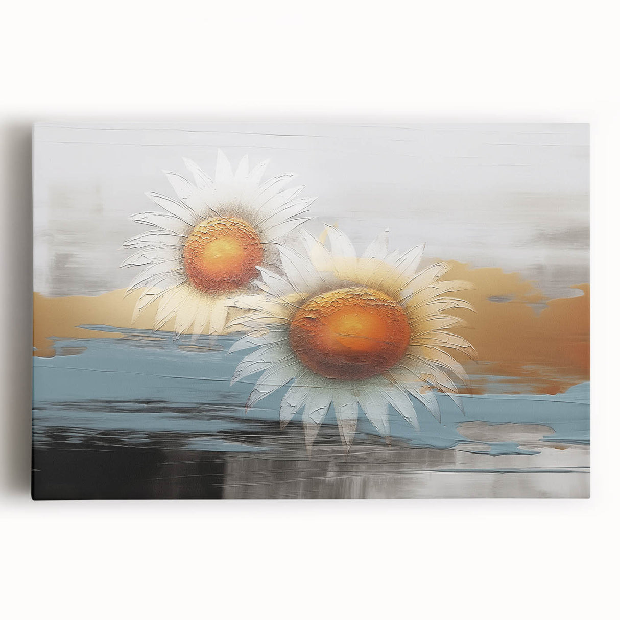 Colorful abstract strokes and lines create a vibrant canvas wall art piece, ideal for modern decor. This artwork features rich hues of blue, orange, and yellow, adding energy to any space. Perfect for art enthusiasts seeking unique home decor options.