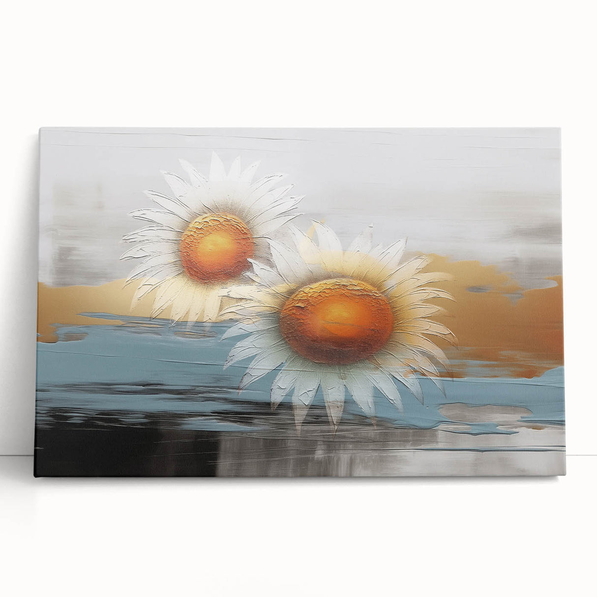 Abstract wall art design showcasing vibrant strokes and lines in a blend of blue, orange, and yellow hues on stretched canvas, perfect for modern decor. This piece adds a dynamic touch to any room, enhancing visual interest and creativity.