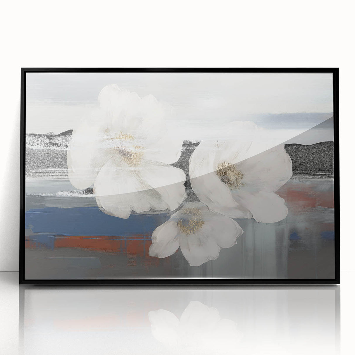Framed wall art featuring an abstract design of colorful strokes and lines, presented in a sleek black frame, ideal for modern home decor.