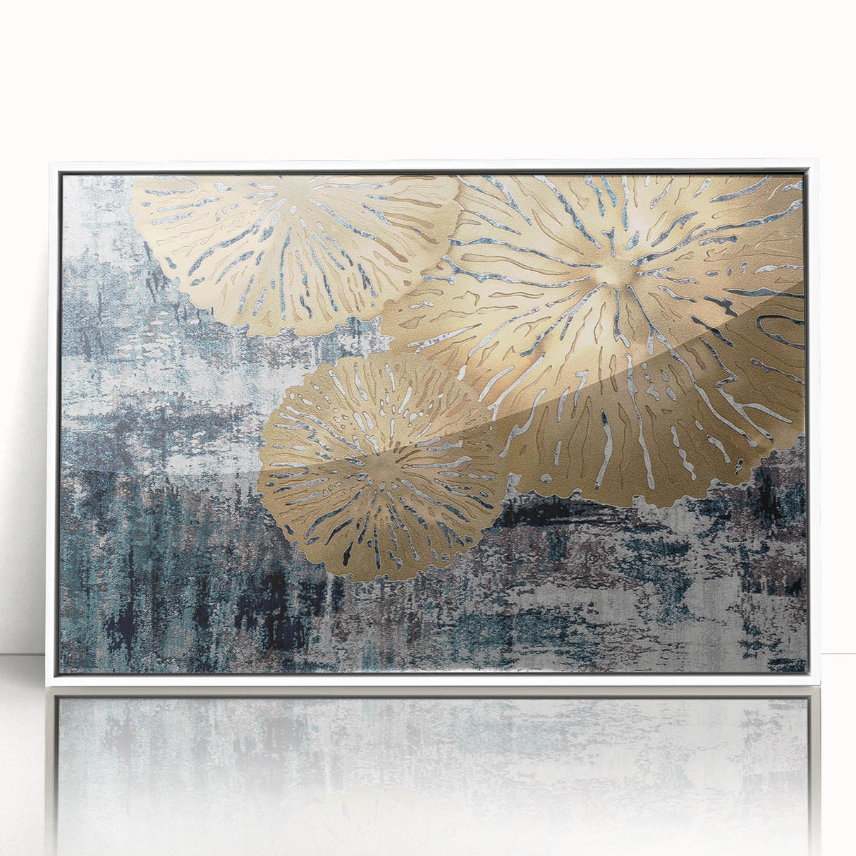 Framed abstract wall art featuring colorful strokes and lines in shades of blue, orange, and yellow, set against a sleek white background, ideal for modern decor.